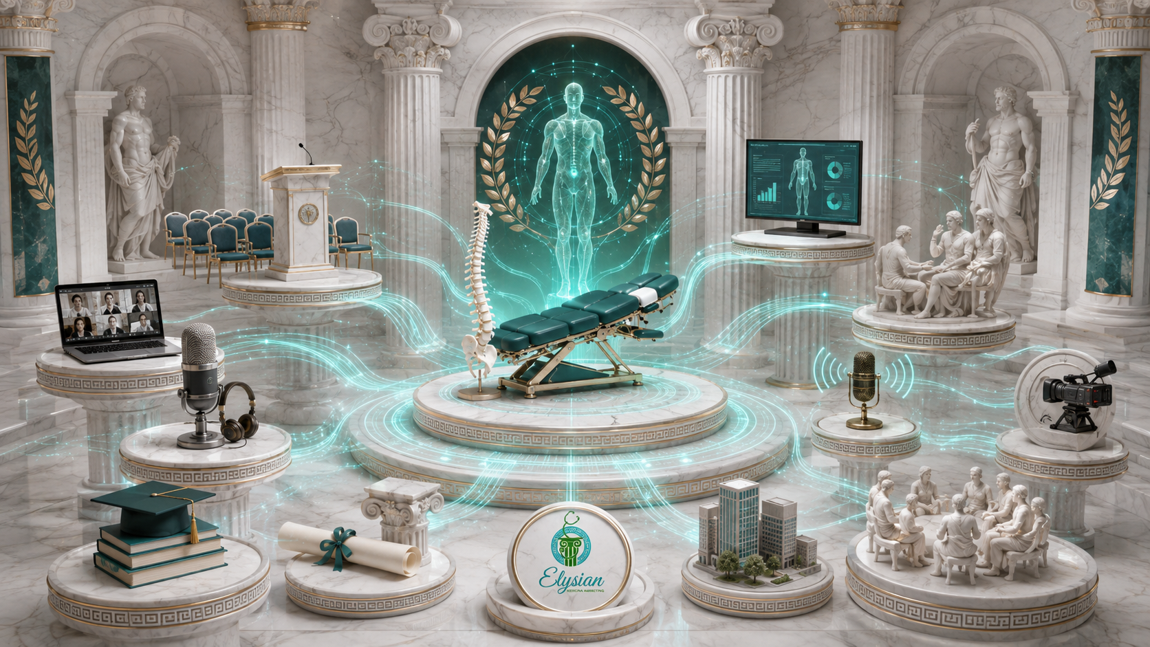 AI opportunity multiplier concept for chiropractors showing speaking, education, podcasts, media and professional opportunities