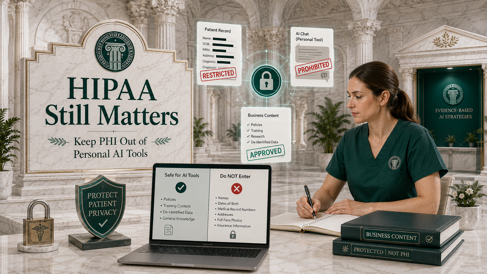 HIPAA and patient privacy infographic showing healthcare professionals what information should not be entered into personal AI tools.
