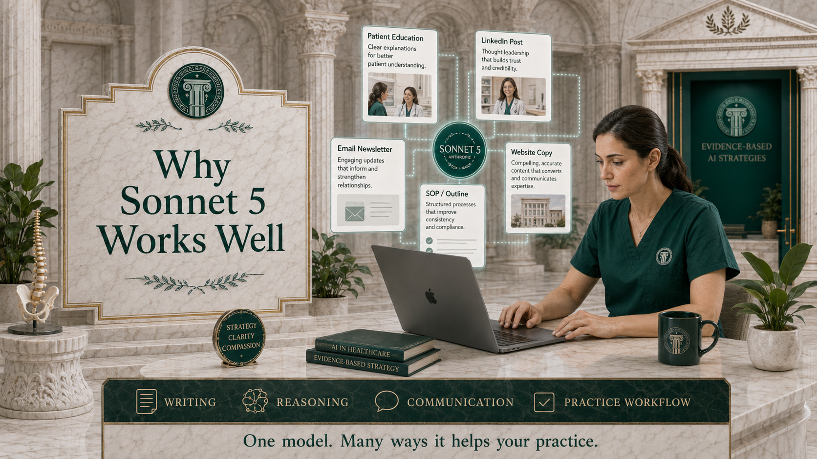 Healthcare professional using Claude Sonnet 5 for patient education, newsletters, website content, writing, reasoning, communication and practice workflow.