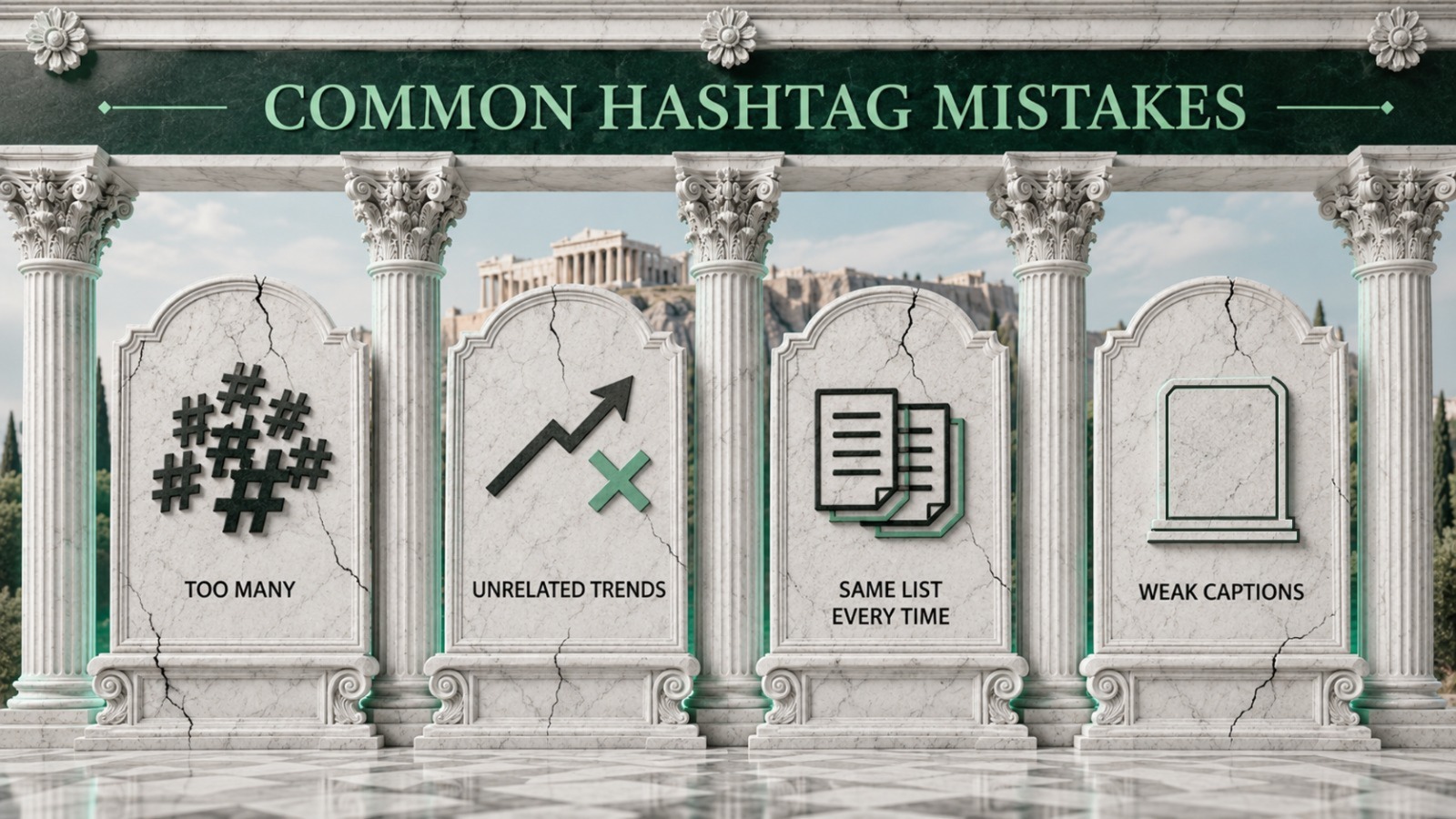 Common hashtag mistakes including too many hashtags, unrelated trends, repeated lists and weak captions