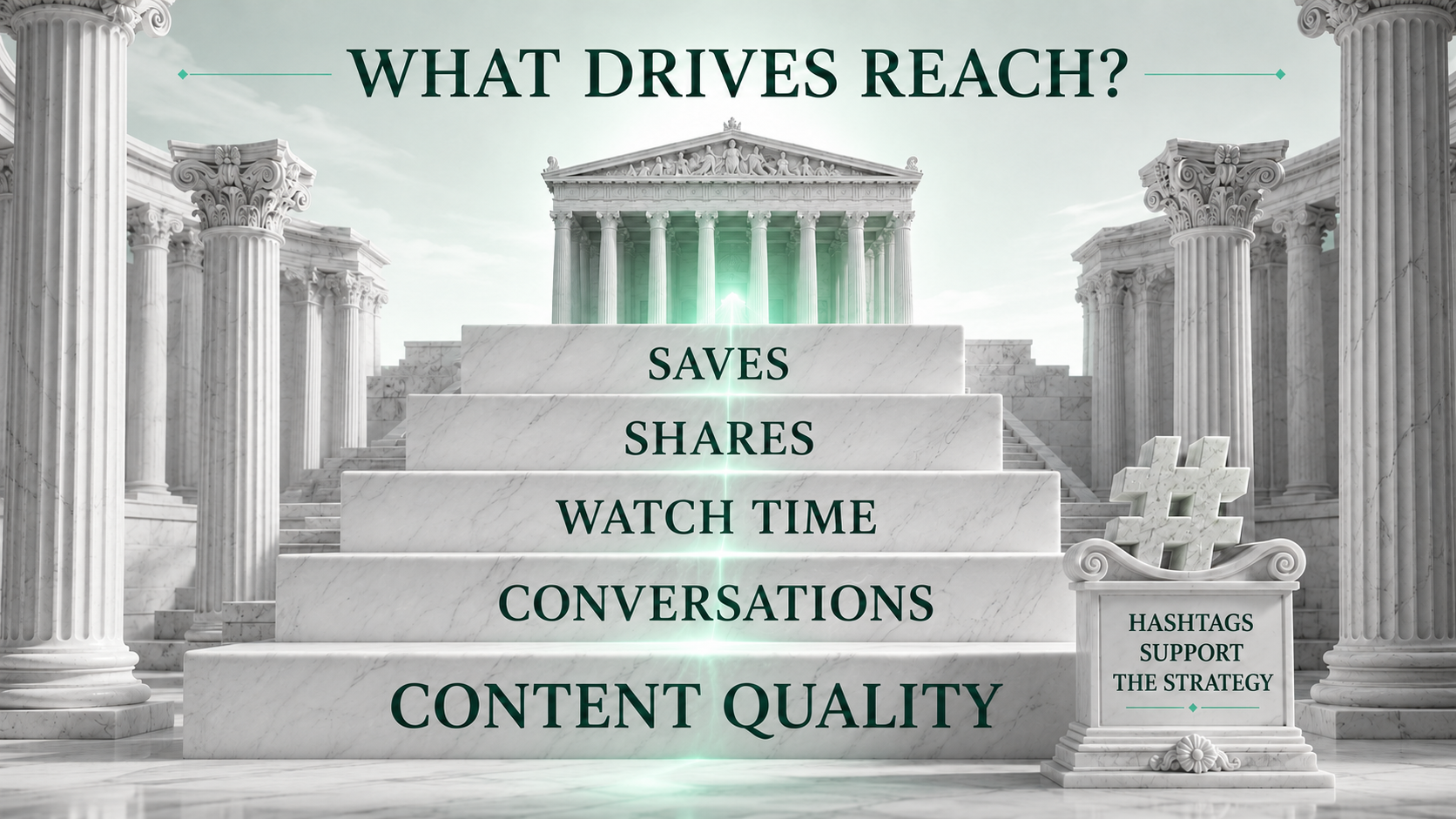 Content quality, conversations, watch time, shares and saves shown as the primary drivers of social media reach