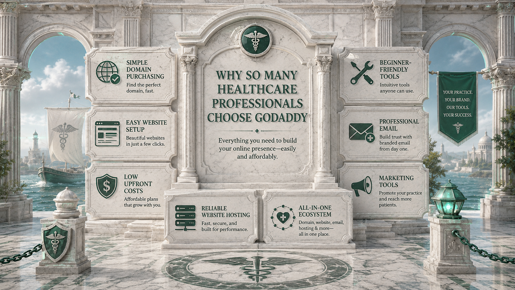 Reasons healthcare professionals may choose GoDaddy including domain purchasing, website setup, hosting and marketing tools