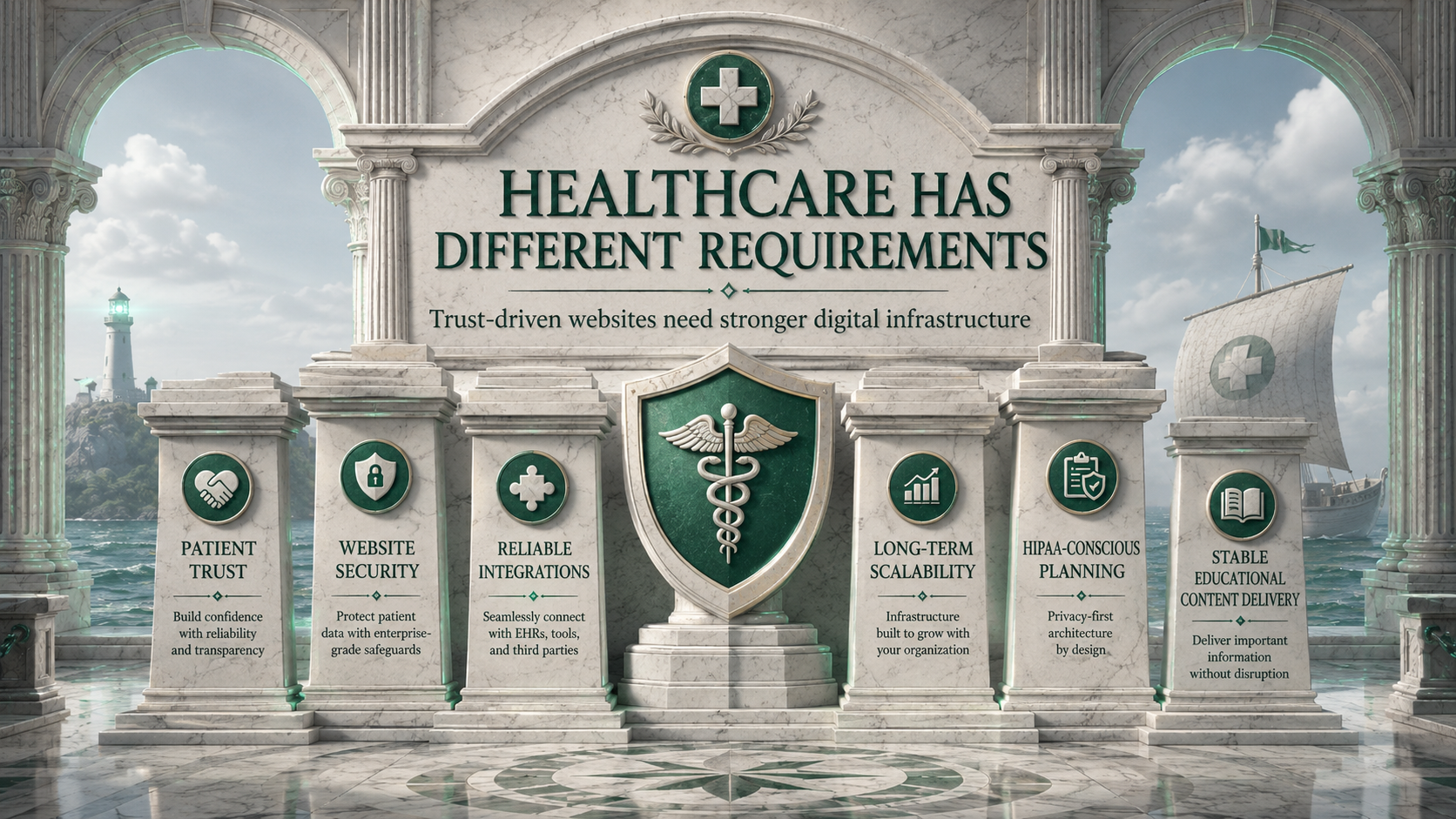 Healthcare website considerations including trust, security, integrations, scalability and HIPAA-conscious planning