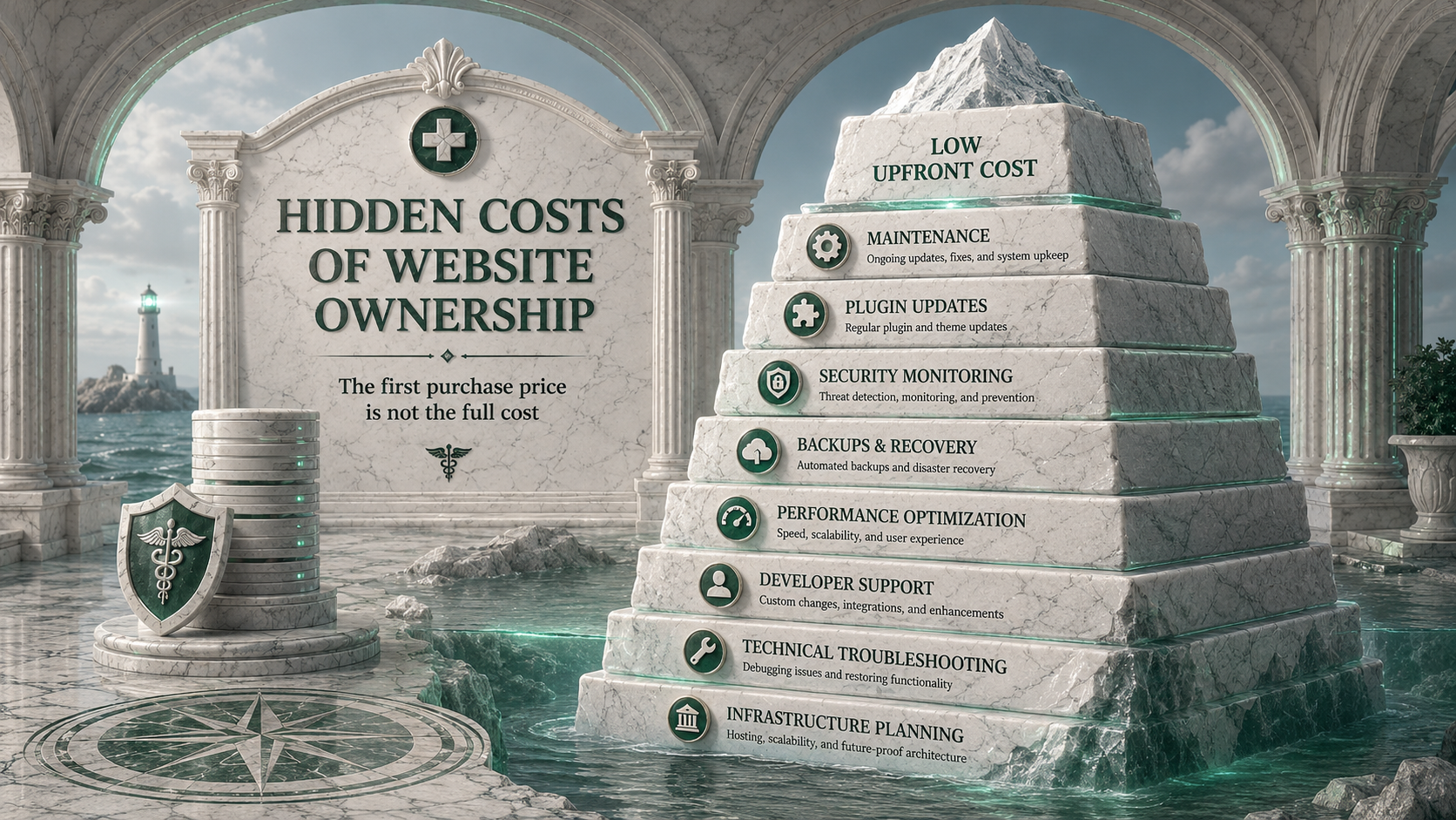 Website ownership considerations including maintenance, security, backups, optimization and infrastructure planning