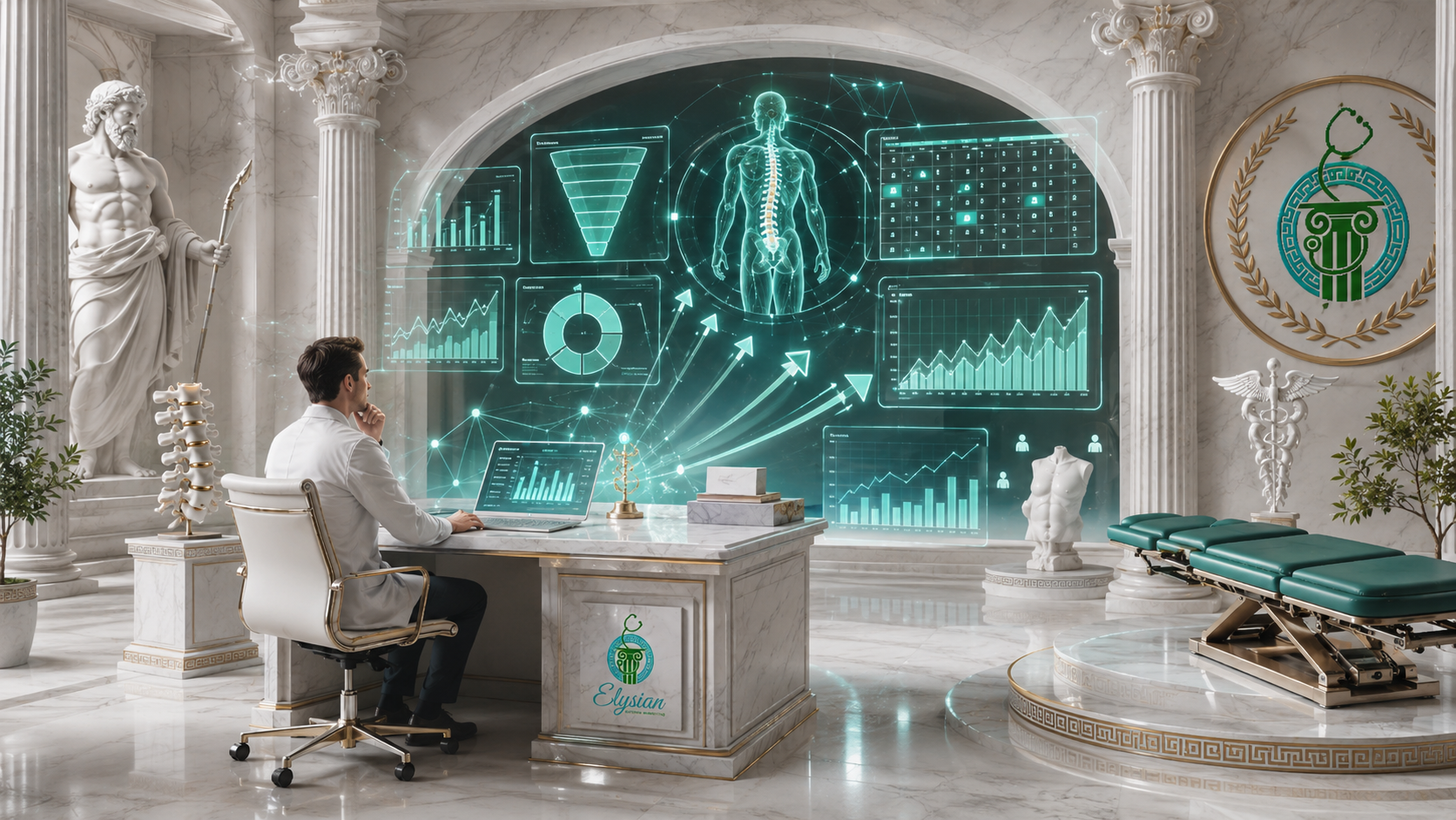 Chiropractic business intelligence concept showing analytics, funnels, website traffic and performance data