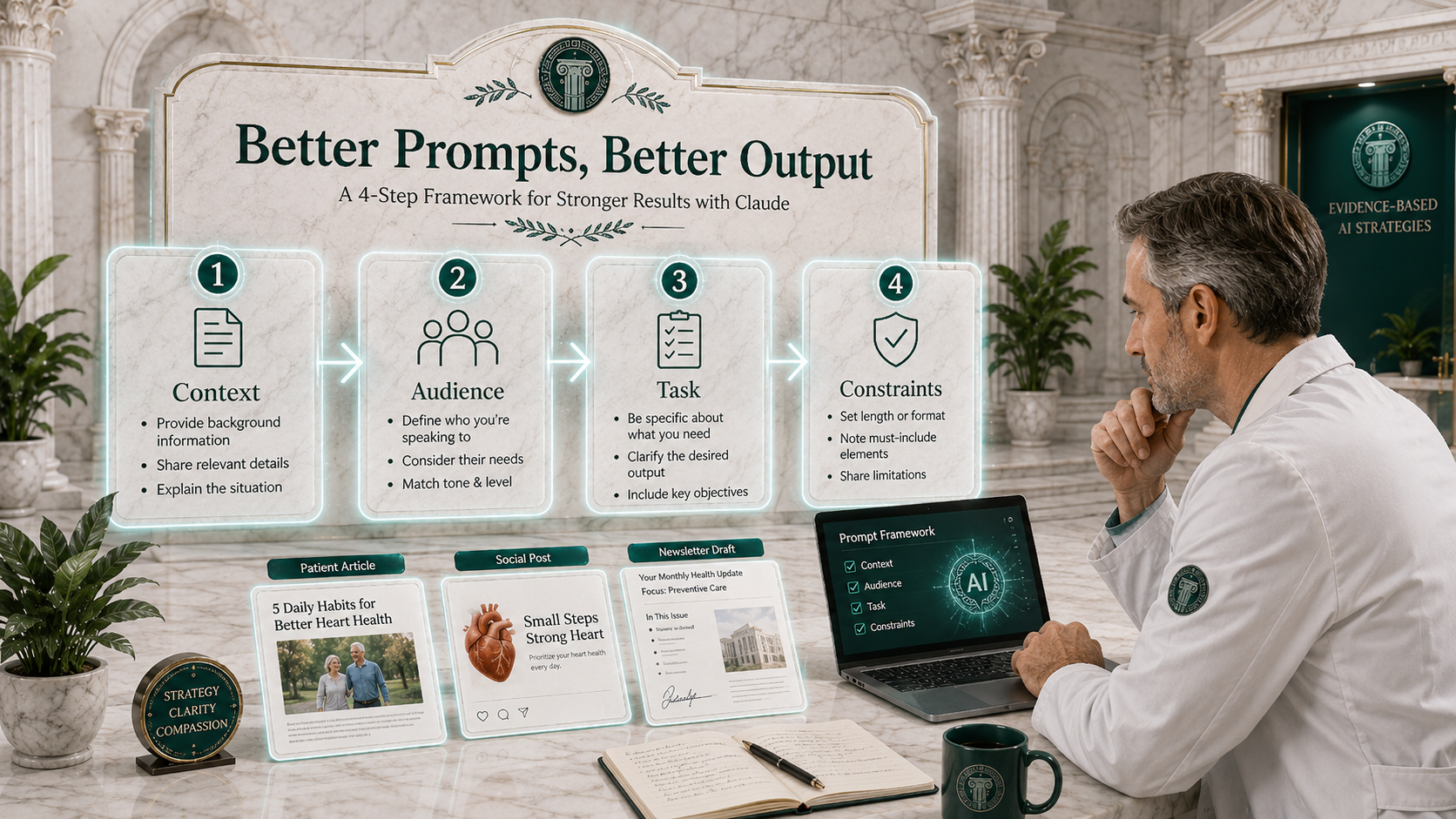 Better prompts better output framework showing context, audience, task and constraints for healthcare professionals using Claude AI.