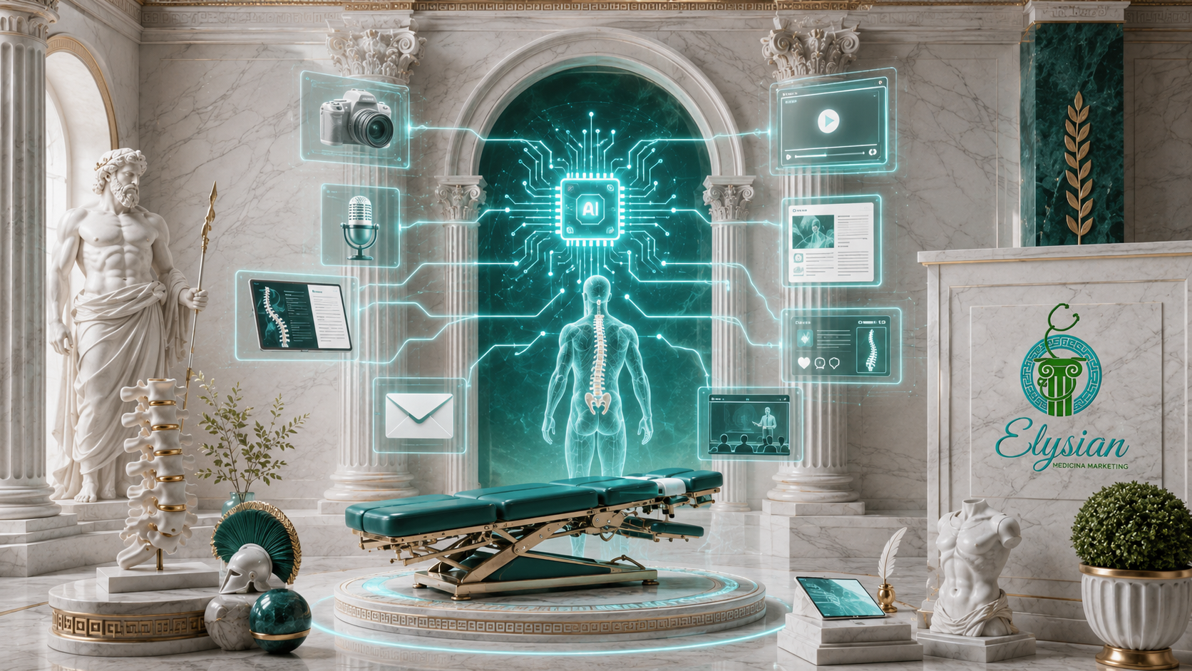 AI content engine concept for chiropractors showing educational content channels around chiropractic expertise