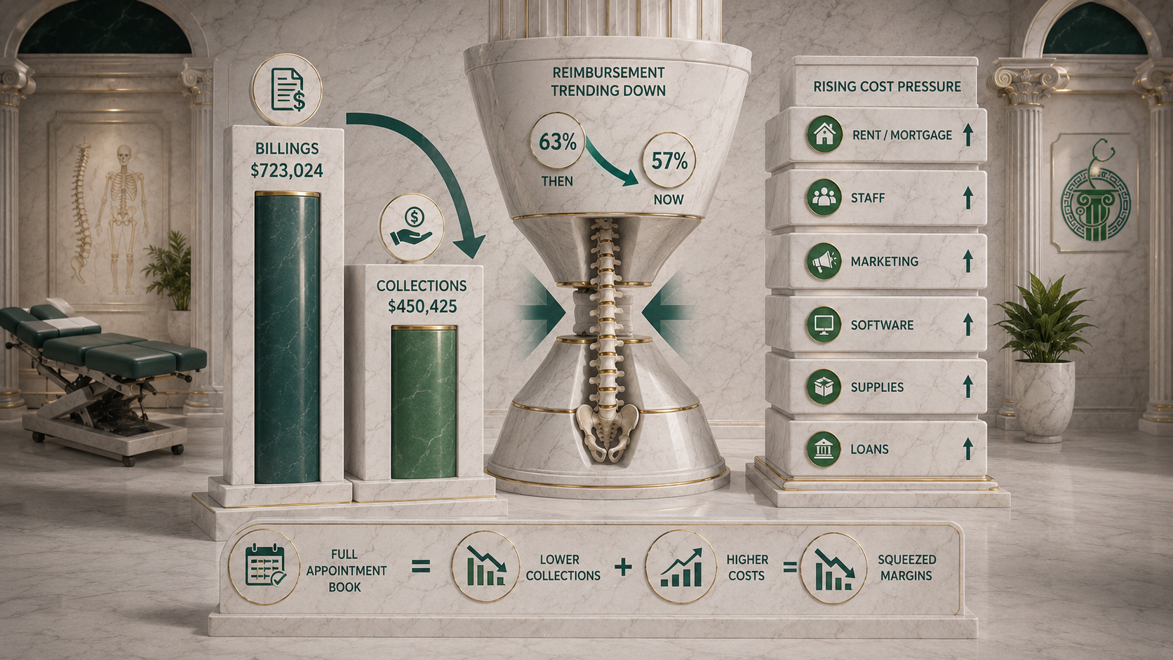 Chiropractic reimbursement trending down while operating costs rise, showing the gap between billings and collections.